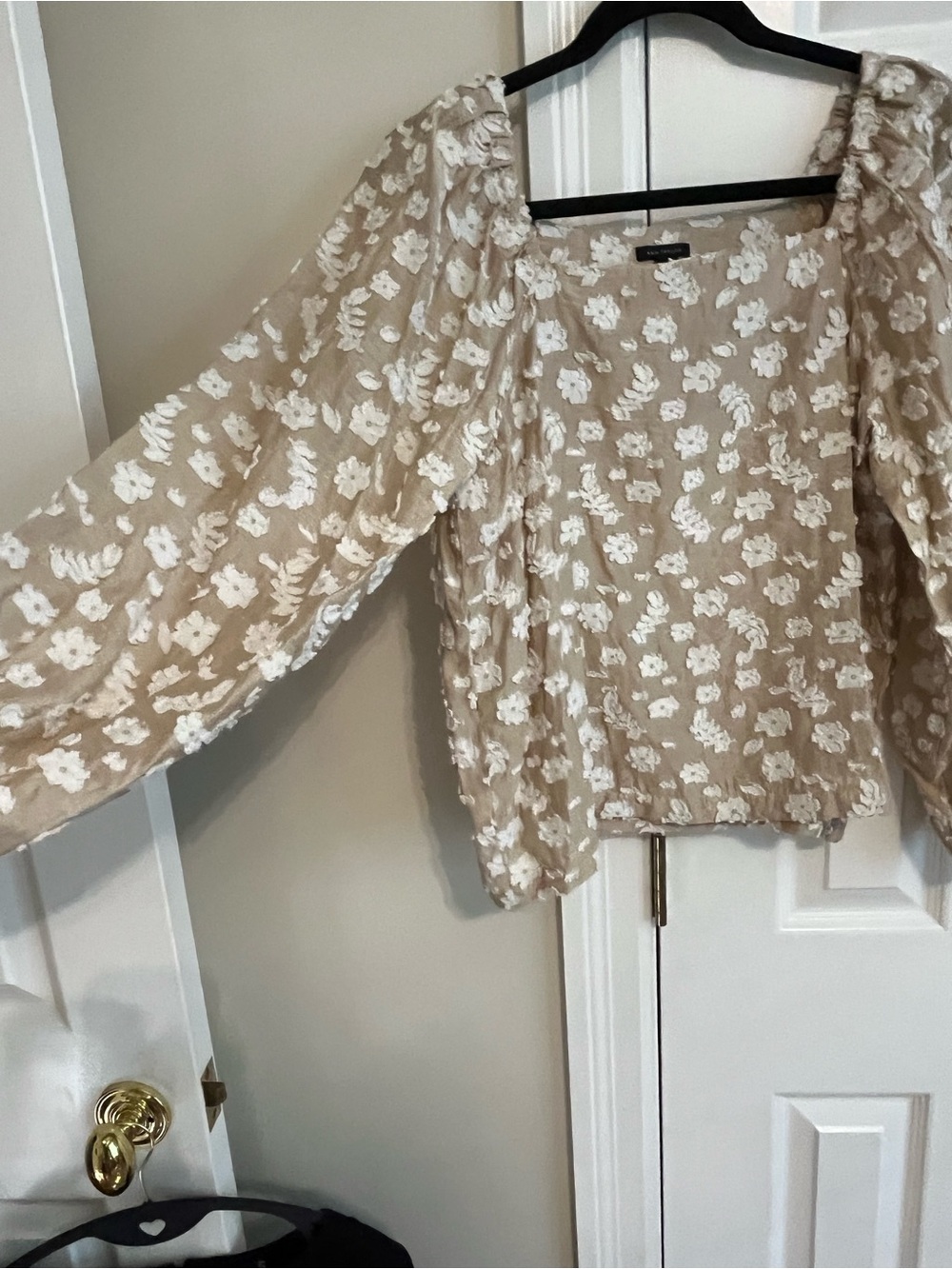 ANN TAYLOR Women's Beige Floral Embroidered Long-Sleeve Top